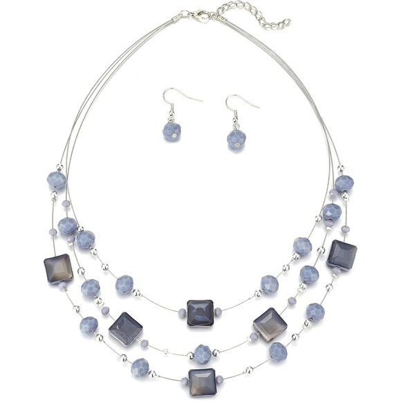 Jewelry - Layered Silver Beaded Necklace for Women Square Crystal Beads Statement Collar N